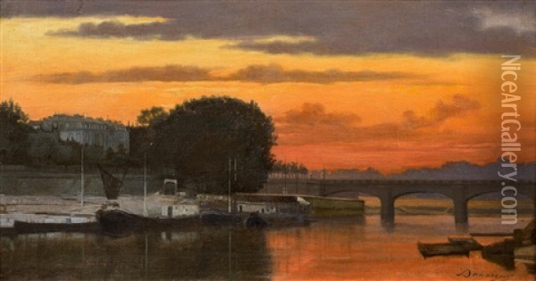 Le Pont De La Concorde Au Couchant, Paris Oil Painting - Charles Francois Daubigny
