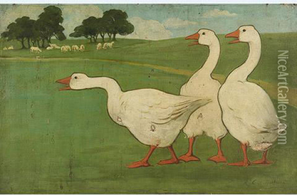 Goose Family In A Landscape Oil Painting - C.L. Bis