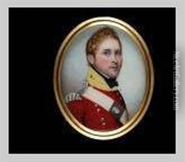 A Young Officer, Of A Regiment Of Yorkshire Militia (?), Wearing Scarlet Coat With Yellow Facings, Silver Epaulette And Silver Belt-plate Bearing A Crowned Rose Oil Painting - Frederick Buck
