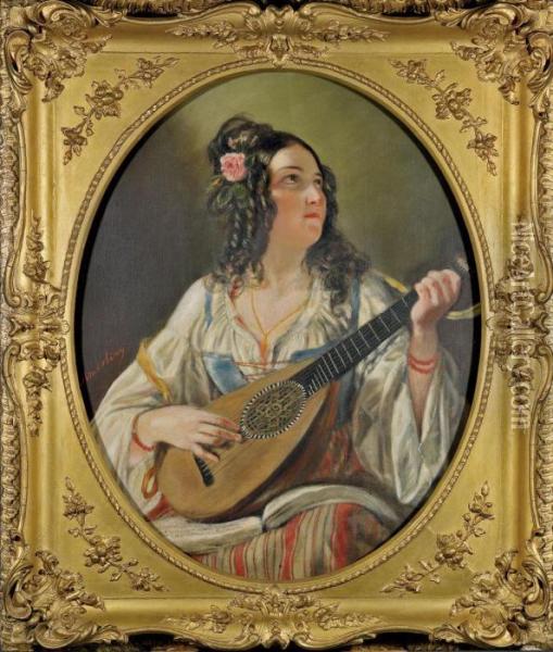 Beauty Playing A Lute Oil Painting - Friedrich Ritter von Amerling