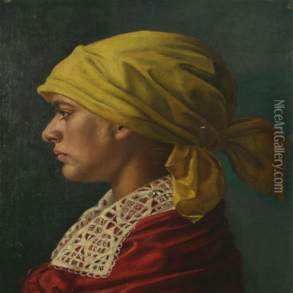 Portrait Of A Woman With Yellowscarf Oil Painting - Sofie Holten
