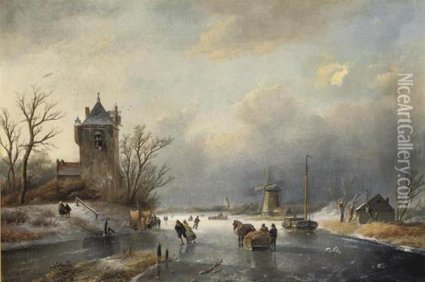 A Winter Landscape With Skaters Near A Town Oil Painting - Jan Jacob Coenraad Spohler