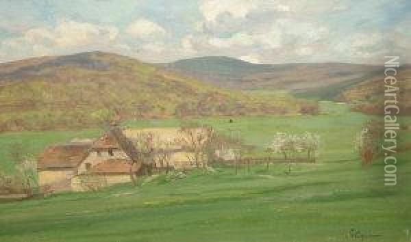 Farm House In A Pastoral Landscape Oil Painting - Fritz Wucherer