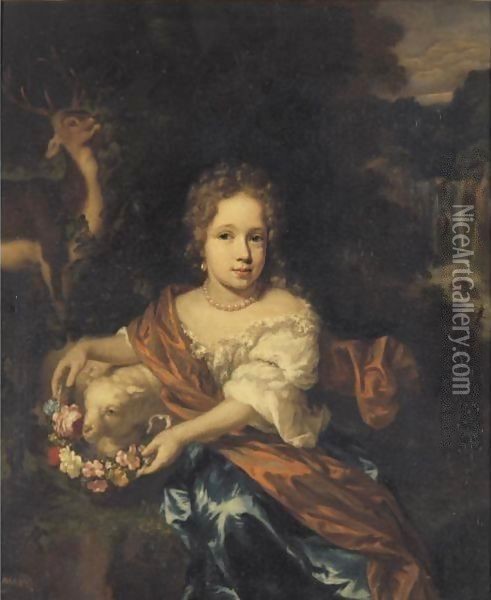 Portrait Of A Young Girl Holding A Garland Of Flowers Oil Painting - Nicolaes Maes