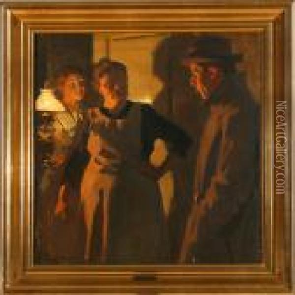 Three People Talkingin A Doorway In The Light From A Lamp Oil Painting - Erik Henningsen