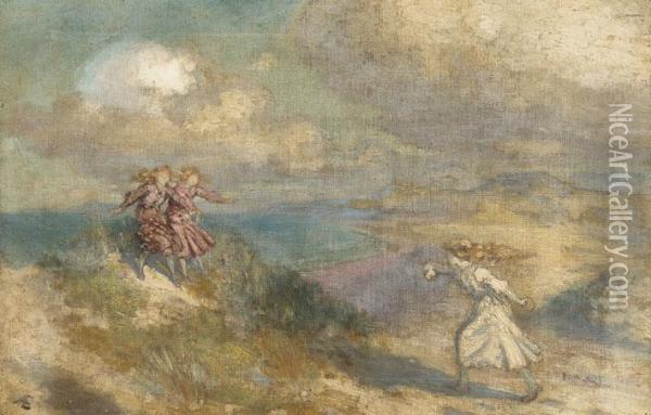 Three Girls Playing In The Sand Dunes Oil Painting - George William, A.E. Russell