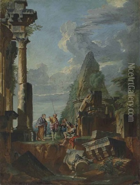 A Capriccio Of Roman Ruins, With The Belvedere Antinous And A Pyramid Beyond, With An Apostle Preaching To Soldiers Oil Painting - Giovanni Paolo Panini