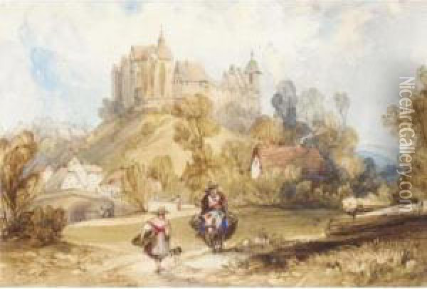 Travellers Outside A French Town Oil Painting - Charles Bentley