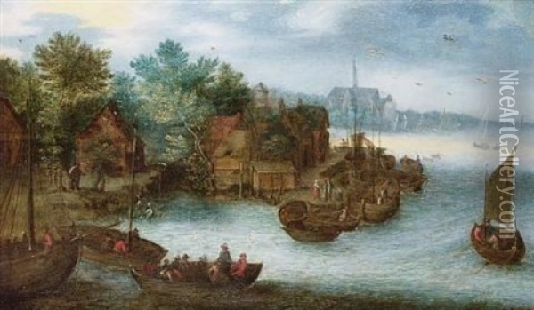 A Riverside Village With Figures In Barges, A View To A Church Beyond Oil Painting - Jan Brueghel the Elder