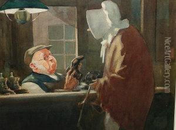 Woman At The Shoemaker's Oil Painting - John Hassall