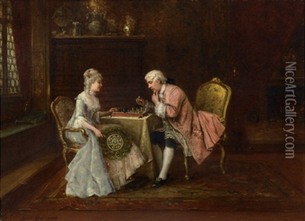 The Chess Game Oil Painting - Lajos Bruck