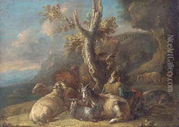 A mountain pass with a shepherd and his goats at rest Oil Painting - Domenico Brandi