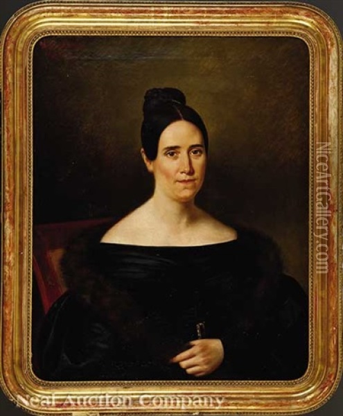 Portrait Of A Creole Lady In A Black Dress And Fur Stole Oil Painting - Jean Joseph Vaudechamp