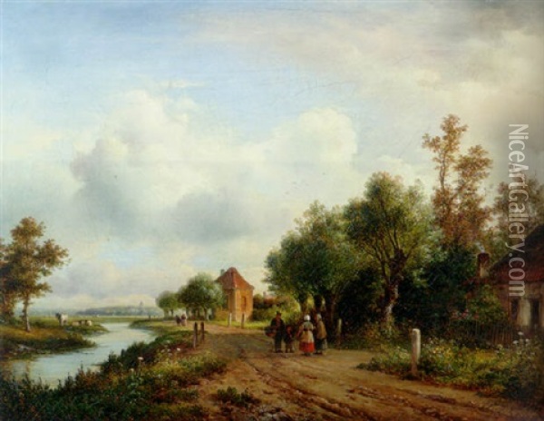 Peasants Conversing On A Sandy Trail Along A Waterway, A Town In The Distance Oil Painting - Lodewijk Johannes Kleijn