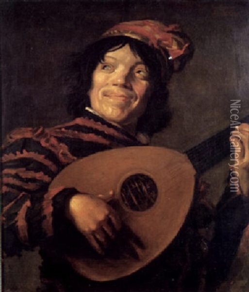 A Buffoon Playing A Lute Oil Painting - Paul Bodifee