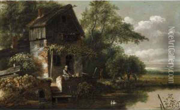 A River Landscape With A Laundry Maid Before A Cottage Oil Painting - Gillis Rombouts