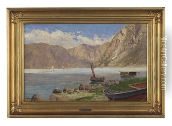 Fjord Shoreline With Sailboats Oil Painting - Holger Hvitfeldt Jerichau