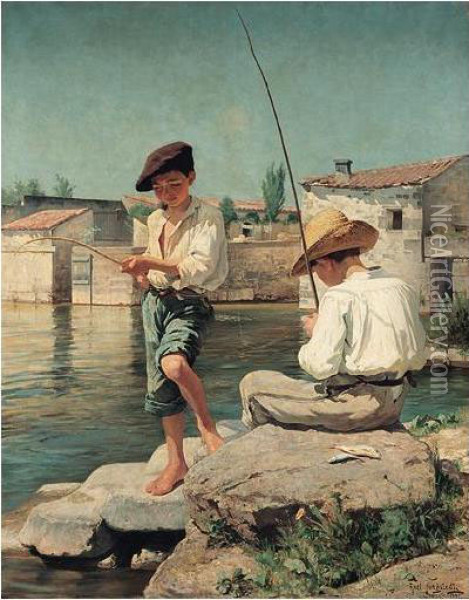 De Sma Fiskarpojkarna (the Young Anglers) Oil Painting - Axel Jungstedt