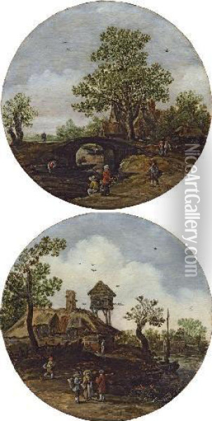 A River Landscape With Peasants 
Conversing In The Foreground, A Farmhouse And Dovecot Beyond; And A 
River Landscape With Peasants Fishing In The Foreground, A Bridge And 
House Beyond Oil Painting - Jan van Goyen