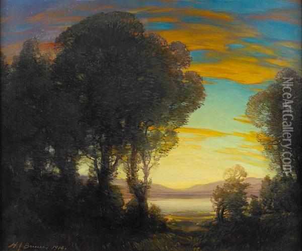 Sunset Beyond A Lake Oil Painting - Henry Joseph Breuer