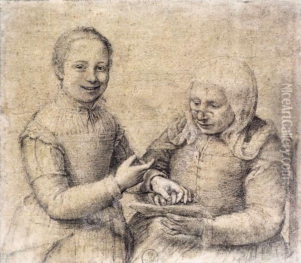 Old Woman Studying the Alphabet with a Laughing Girl Oil Painting - Sofonisba Anguissola
