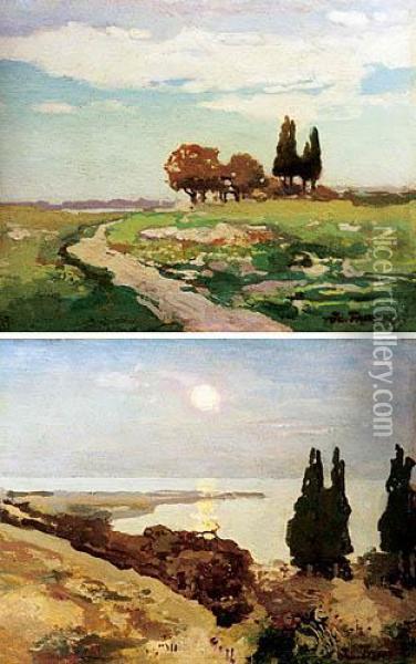 A. Pejzaz Z Cyprysami I Droga, Okolo 1910-1920
 B. Pejzaz Z Cyprysami Nad Morzem, Okolo 1910-1920 Oil Painting - Iwan Trusz