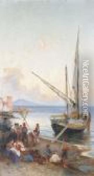 Abendliche Kustenpartie Im Golf Von Neapel. Oil Painting - Franz Theodor Aerni