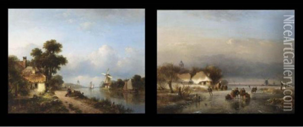 A Summer Landscape With Figures 
On A Riverbank; A Winter Landscape With Skaters On A Frozen Waterway (a 
Pair) Oil Painting - Lodewijk Johannes Kleijn