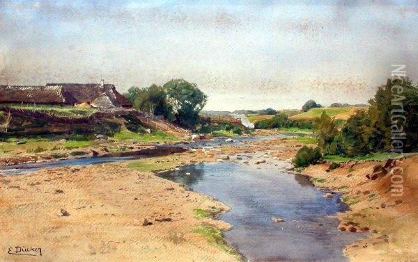 Landschaft Mit Flussarmen Und Reethaus In Estland Oil Painting - Eugene Gustav Ducker