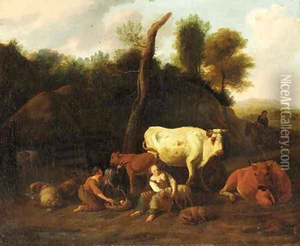 A farmyard landscape with drovers Oil Painting - Dirk van Bergen