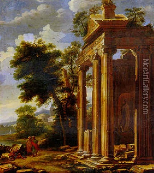 Landscape With Classical Ruins And Two Philosophers Greeting A Reclining Beggar Oil Painting - Viviano Codazzi