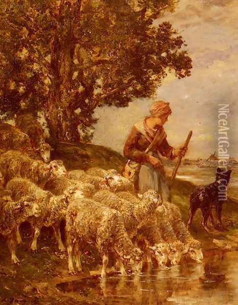 A Shepherdess Watering Her Flock Oil Painting - Charles Emile Jacque