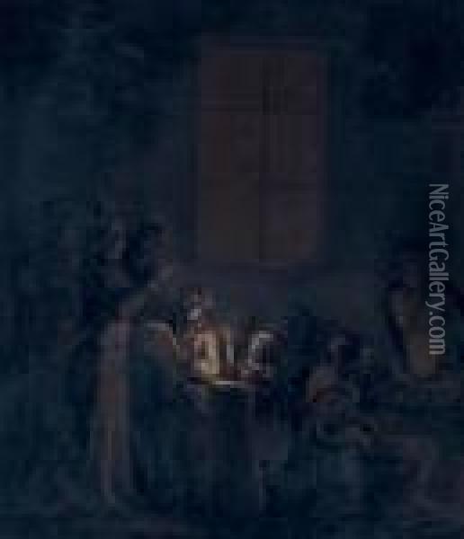 Reading By Candlelight Oil Painting - Jean-Pierre Norblin De La Gourdaine
