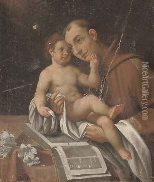 Saint Francis holding the Christ Child Oil Painting - Emilian School