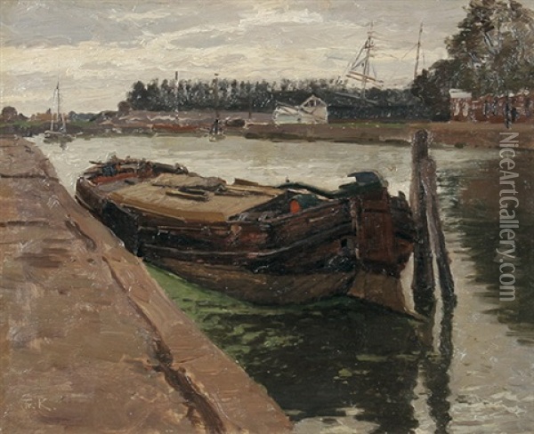 Schleppkahn Im Hafen Oil Painting - Friedrich Kallmorgen