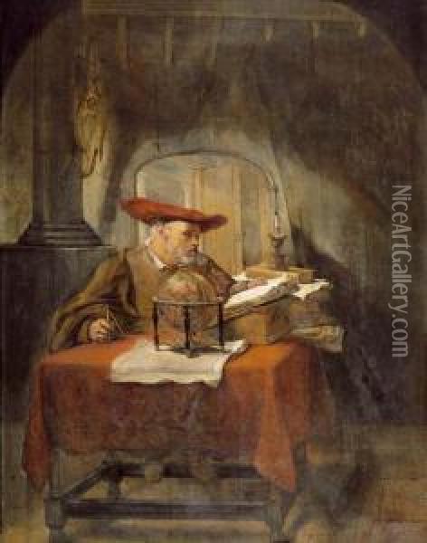 Scholar In His Study. Oil Painting - Karel van der Pluym