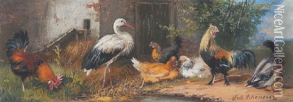 Geflugel: Hahn, Huhner, Storch Und Ente Oil Painting - Julius Scheuerer