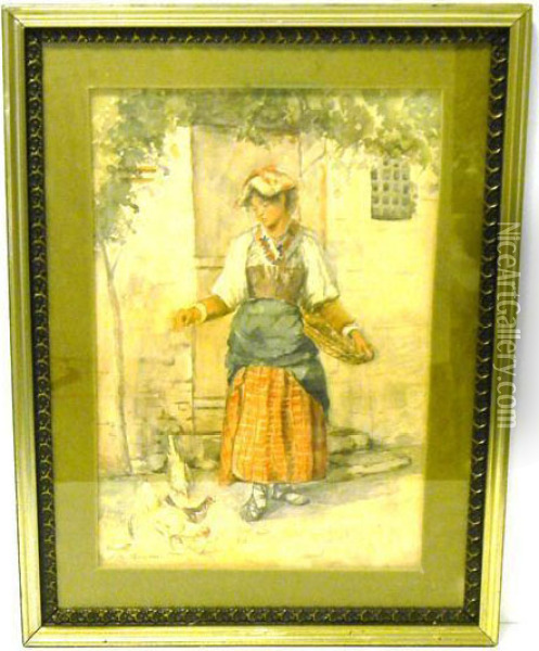 Showing Woman Feeding Chickens In Barnyard Oil Painting - Janet Scudder