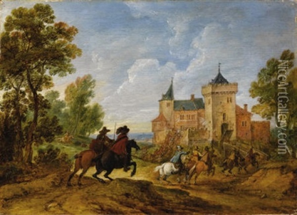 Horsemen In A Landscape (near Dinan?) Oil Painting - Adam Frans van der Meulen