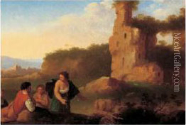Le Repos Des Bergers Pres De Ruines Antiques Oil Painting - Jan van Haensbergen