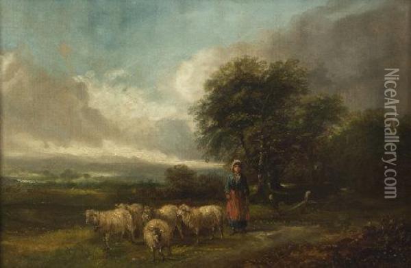 A Shepard And Shephardess Along A Road Side Oil Painting - John Joseph Barker Of Bath