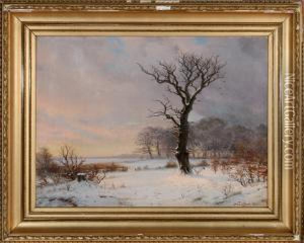 Winter Scene With An Old Crooked Tree In The Foreground Oil Painting - Nordahl Peter Frederik Grove
