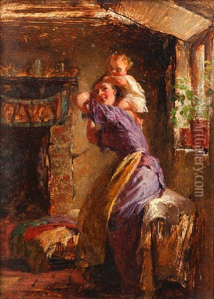 A Woman And A Small Child In A Cottageinterior Oil Painting - George Elgar Hicks