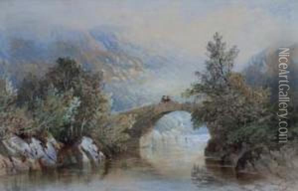 Welsh Landscape With Figures On A Bridge Oil Painting - Cornelius Pearson
