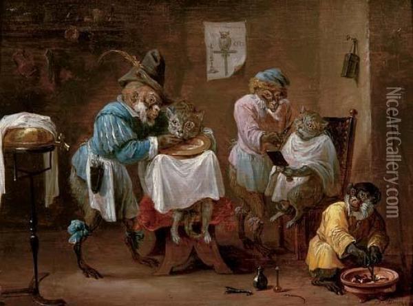 Monkeys At The Barber Oil Painting - David The Younger Teniers