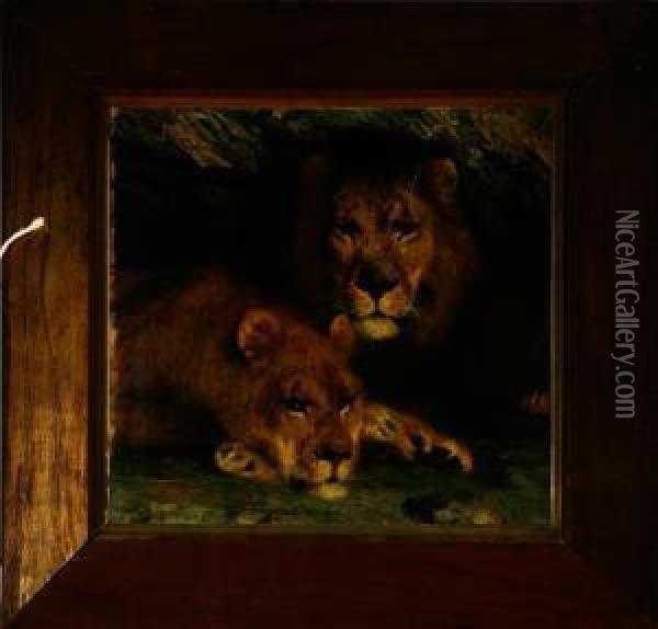 A Resting Lion Couple. Signed Vilh. Th. F. . Oil On Canvas. 43 X 45 Cm Oil Painting - Vilhelm Theodor Fischer