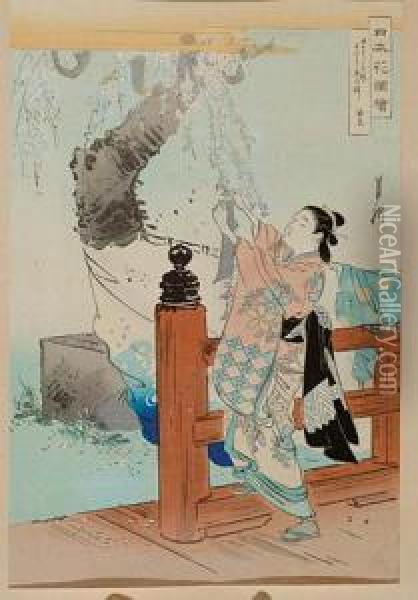 Dziewczyna Zrywajaca Kwiaty 
Kamelii, 1900, Z Serii Widoki Japonskich Ogrodow, Wydawca Matsuki 
Heikichi Oil Painting - Ogata Gekko