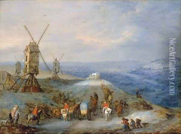 An extensive open landscape with travellers on a path by a windmill Oil Painting - Joseph van Bredael
