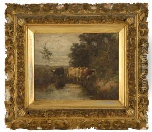 Cows Grazing By A Pond Oil Painting - Charles Franklin Pierce