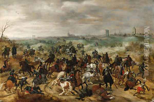 The Battle between Officers Braut and Gerard Abrahamsz., called Lekkerbeetje, at Vught, 5 February 1600 Oil Painting - Sebastien Vrancx
